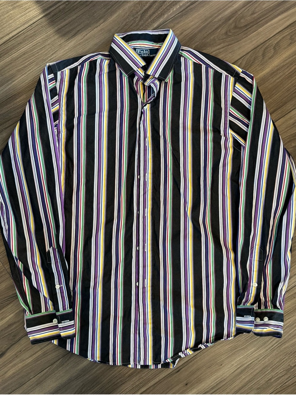 Vintage 90s Polo by Ralph Lauren Men's Black Multi-Stripe Button-Down Shirt